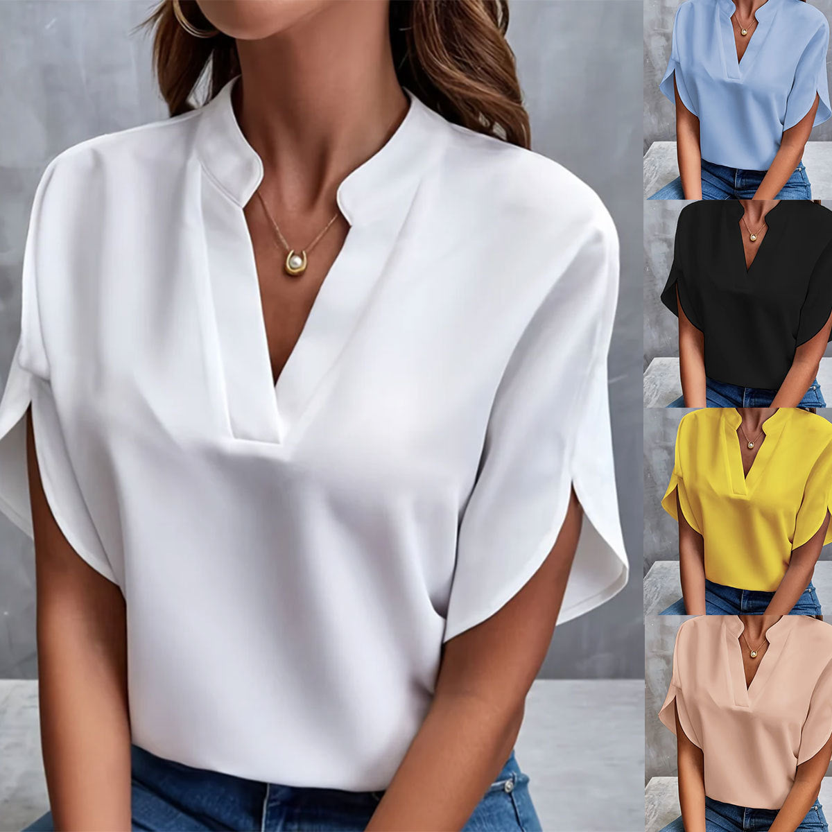 Women Summer V-Neck Shirt Solid Color Casual Short-Sleeved Pullover Office Blouse