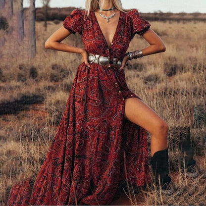 Women Fashion Casual Boho Printed V-Neck Short Sleeve Dress
