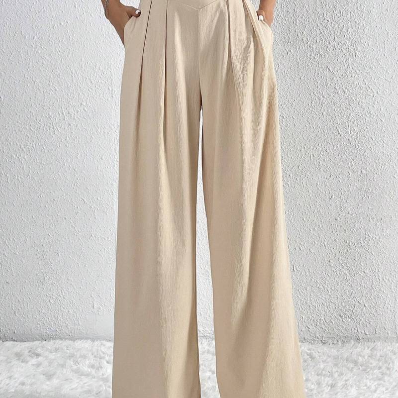 Pantalones anchos plisados de color liso, elegantes e informales para mujer