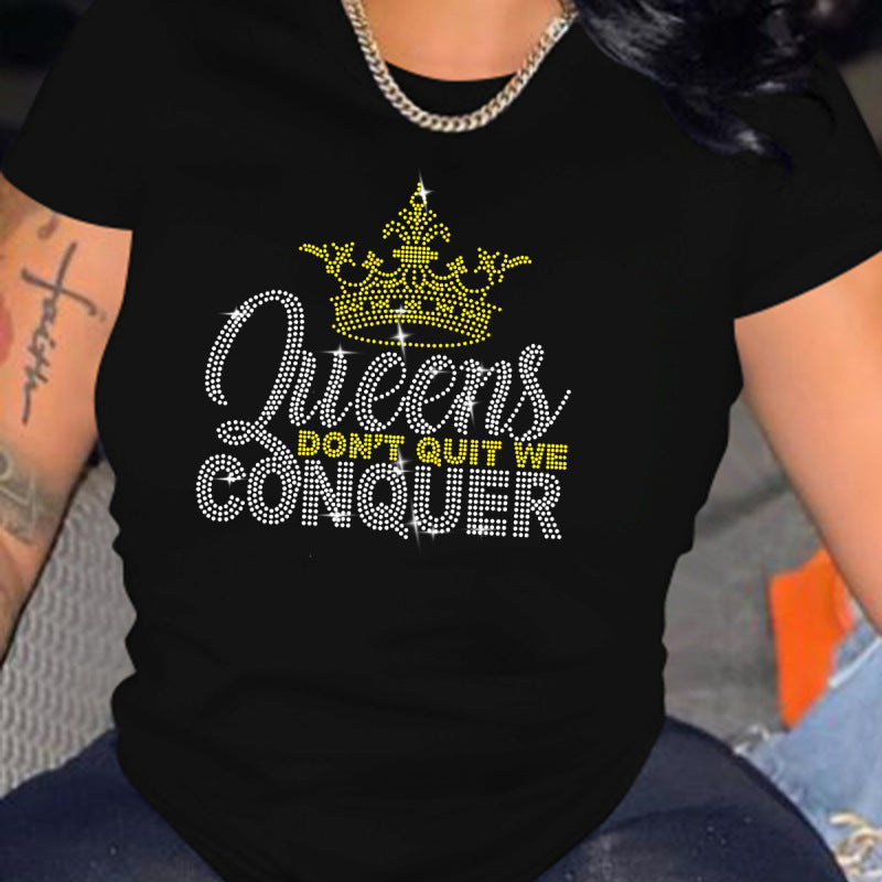Camiseta informal de manga corta con cuello redondo y diamantes de imitación para mujer, color naranja