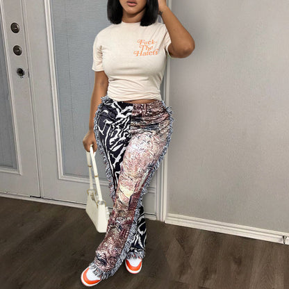 Pantalones casuales con borlas y estampado multicolor para mujer