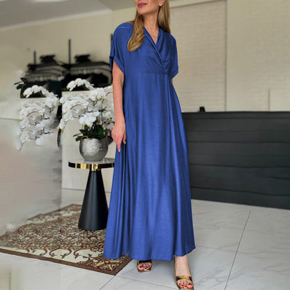 Women Casual Loose Solid Color V-Neck Short Sleeve Dress