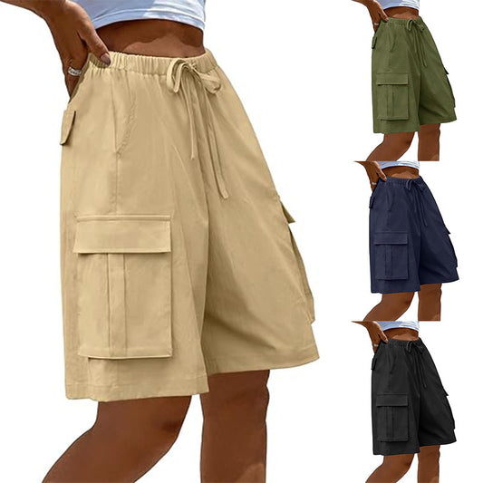 Women Casual Loose Elastic Drawstring Pocket Shorts
