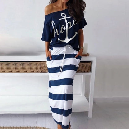 Conjunto de top informal con estampado gráfico atrevido para mujer y falda con bloques de color a rayas