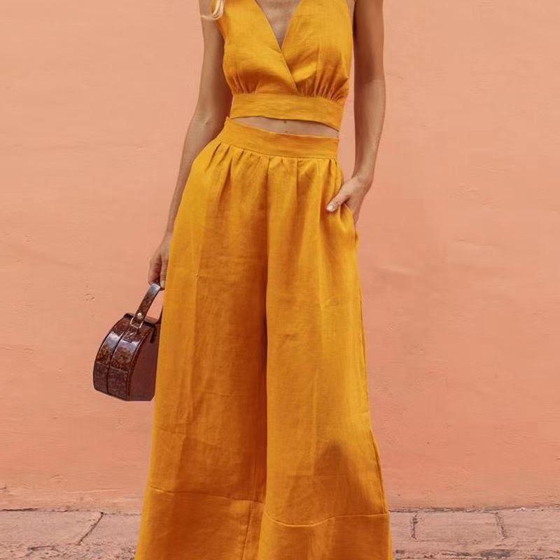 Conjunto de dos piezas formado por top corto y pantalón ancho de cintura alta y escote en V, color liso, para mujer, informal, de verano y vacaciones