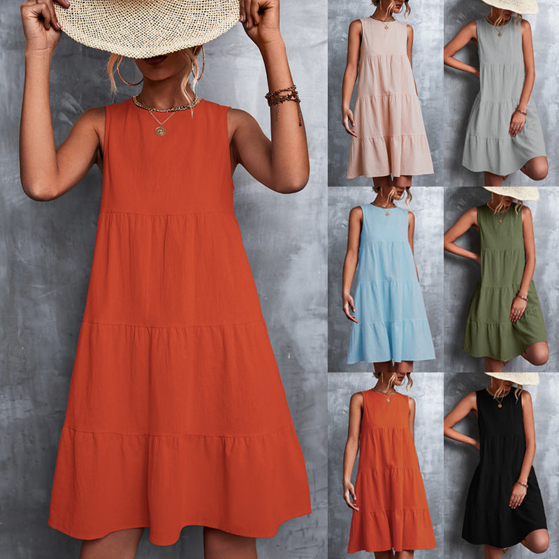 Women Spring And Summer Casual Basic Round Neck Loose Big Swing Dress