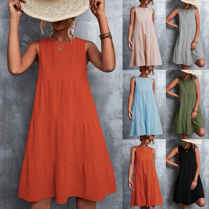 Women Spring And Summer Casual Basic Round Neck Loose Big Swing Dress