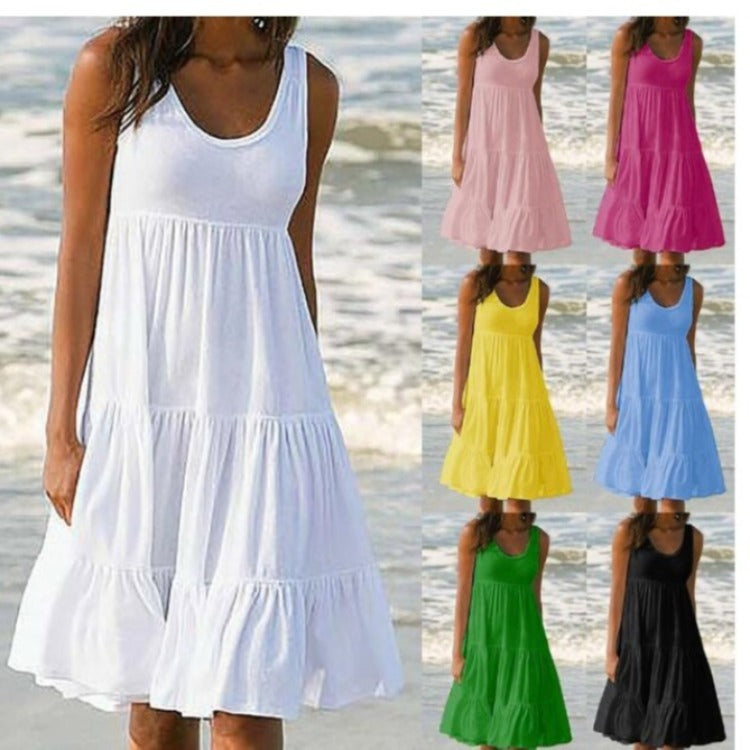 Women Casual Solid Color Sleeveless Round Neck Ruffled Loose Dress