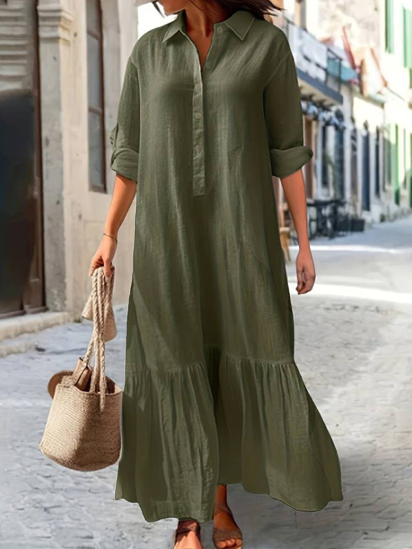 Vestido largo informal de algodón y lino con solapa para mujer, talla grande