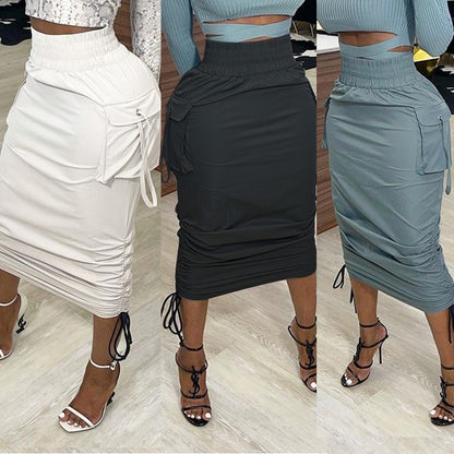 Women Casual Edgy Solid Color High Waist Pocket Drawstring Skirt