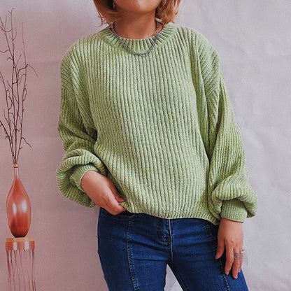 Autumn And Winter Solid Color Casual Round Neck Lantern Sleeve Short Knitted Pullover Sweater Women
