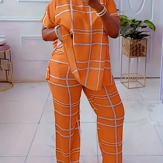 Conjunto de dos piezas informal de talla grande para mujer, con estampado a cuadros, manga corta, pantalones anchos