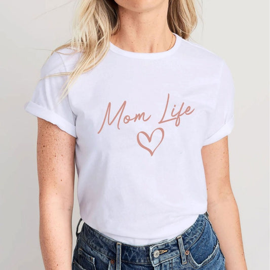 Camiseta informal de manga corta para mujer con texto "Mamá, vida de madre, feliz día de la madre"