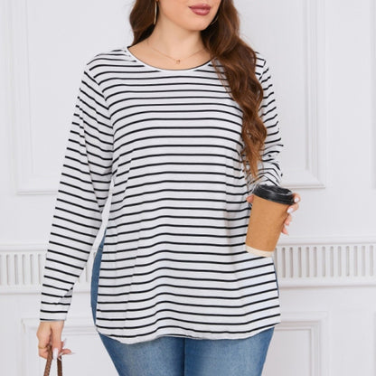 Women Casual Plus Size Loose Stripe Long-Sleeve Top