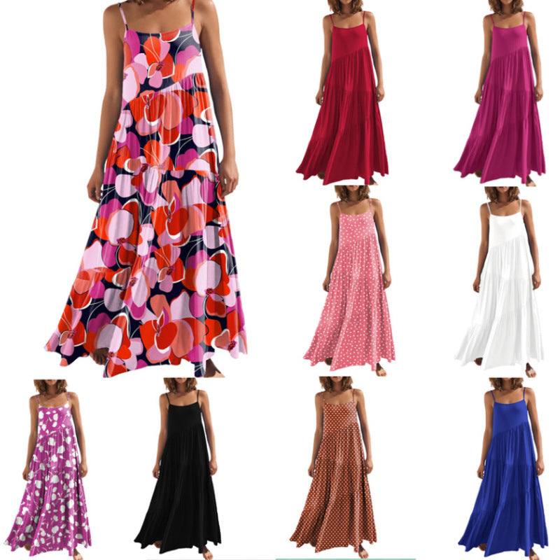 Women Casual Sleeveless Summer Loose Ruffled Solid Color Dress