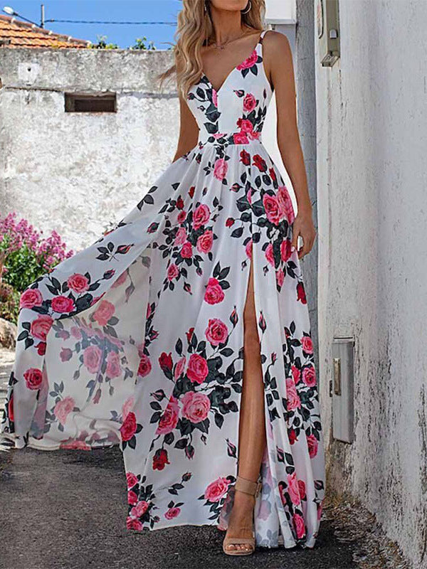 Women Fashion Casual Floral Printed V-Neck Sleeveless Split Dress