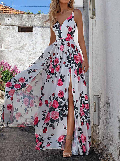 Women Fashion Casual Floral Printed V-Neck Sleeveless Split Dress