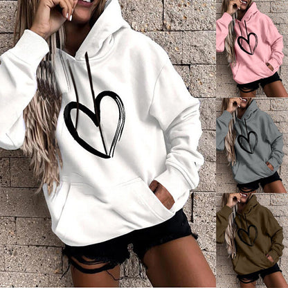 Sudadera básica informal con capucha y estampado de corazón para mujer, de manga larga
