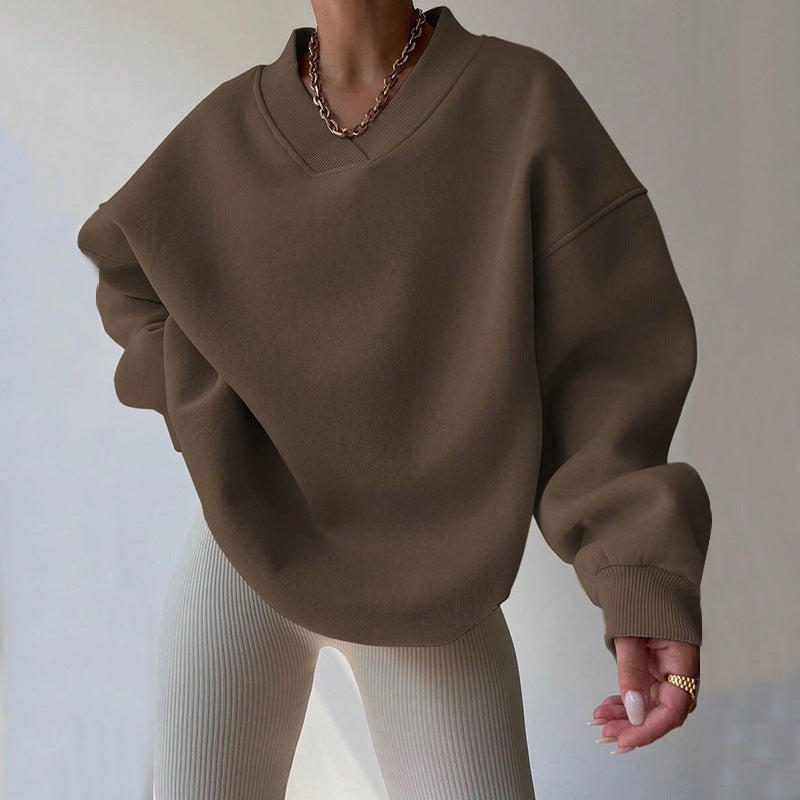 Autumn Winter Women Casual Loose Solid Color Round Neck Long Sleeve Sweatshirt