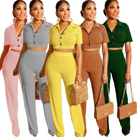 Women Casual Knitted Short-Sleeved Lapel Crop Top Tight Pants Two-Piece Set