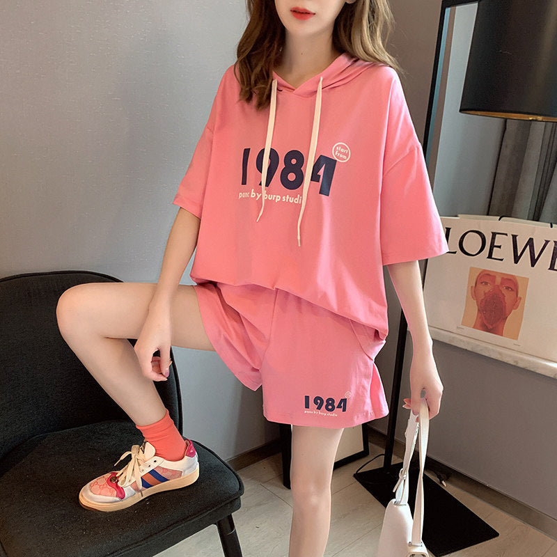 Conjunto deportivo informal de verano para mujer, holgado, de manga corta, con capucha y pantalones cortos