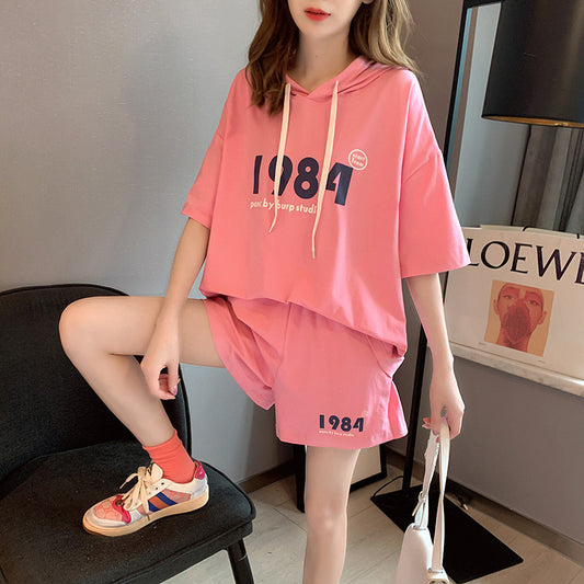 Conjunto deportivo informal de verano para mujer, holgado, de manga corta, con capucha y pantalones cortos
