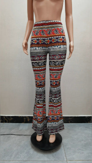 Women Printed High Waist Fashion Casual Flared Pants