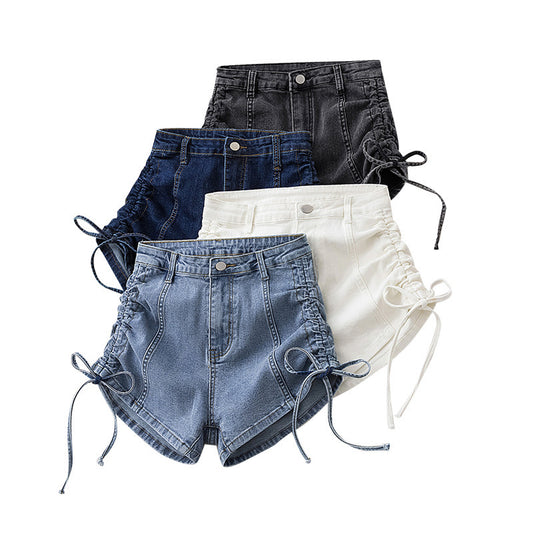 Women Fashion Casual Solid Color Drawstring Denim Shorts