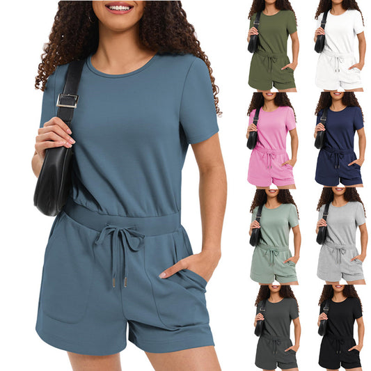 Women Casual Summer Short-Sleeved Loose Round Neck Solid Color Basic Rompers