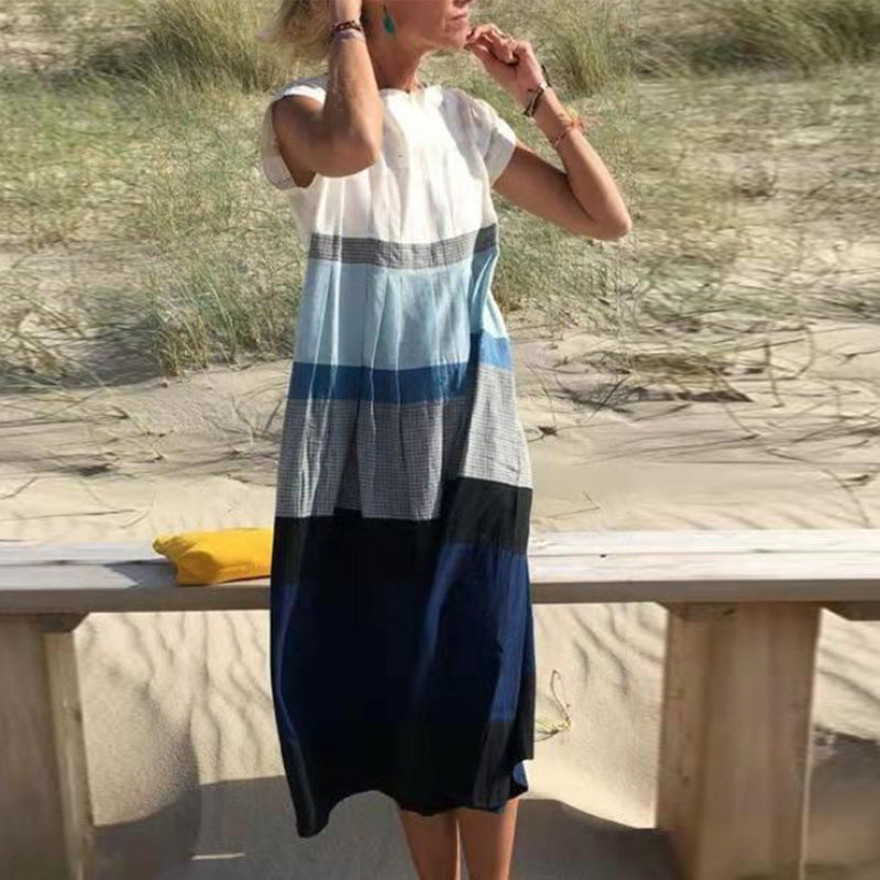 Vestido midi holgado informal de manga corta con cuello redondo y bloques de color para mujer