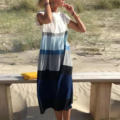 Vestido midi holgado informal de manga corta con cuello redondo y bloques de color para mujer