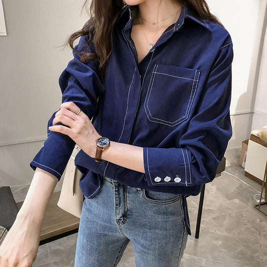 Women Loose Casual Long-Sleeved Solid Color Pocket Blouse Shirt