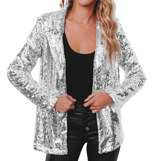 Chaqueta informal de manga larga con solapa y lentejuelas de color liso para mujer
