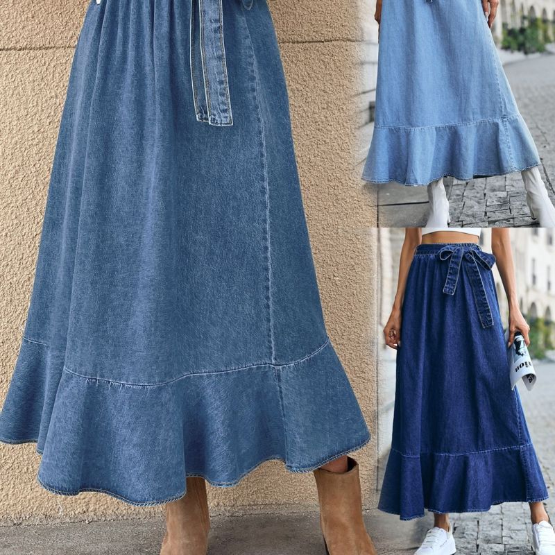 Women Fashion Casual Ruffled Pleated Denim Skirt