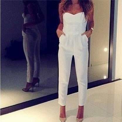 Women V-Neck Tight Waist Tube Top Casual Jumpsuit