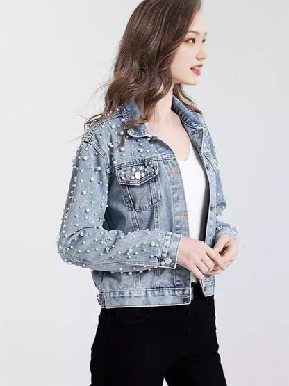 Chaqueta vaquera informal de manga larga con solapa y perlas y diamantes de imitación para mujer