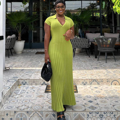 Women Elegant Casual Defined Waist Lapel V-Neck Solid Color Knitted Long Dress