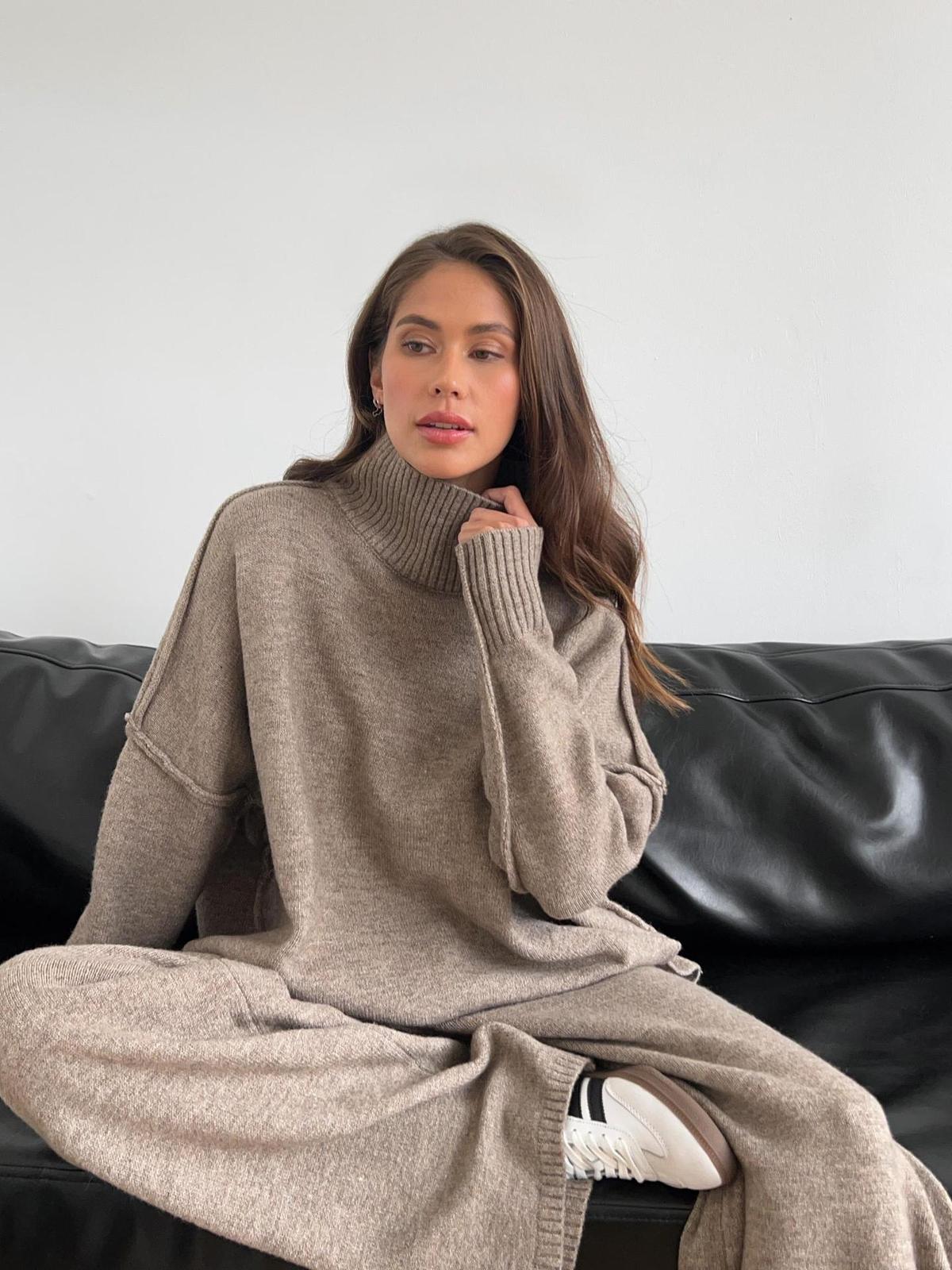 Conjunto de dos piezas formado por suéter y pantalón de punto, manga larga, cuello alto, holgado e informal, para mujer, otoño e invierno