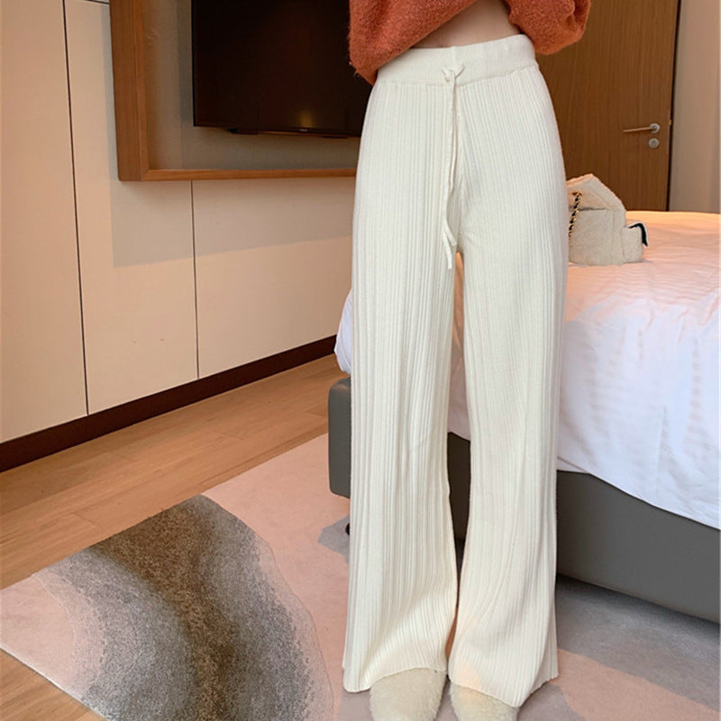 Women Casual Autumn Winter Solid Color Pleated Wide Leg Knitted Pants
