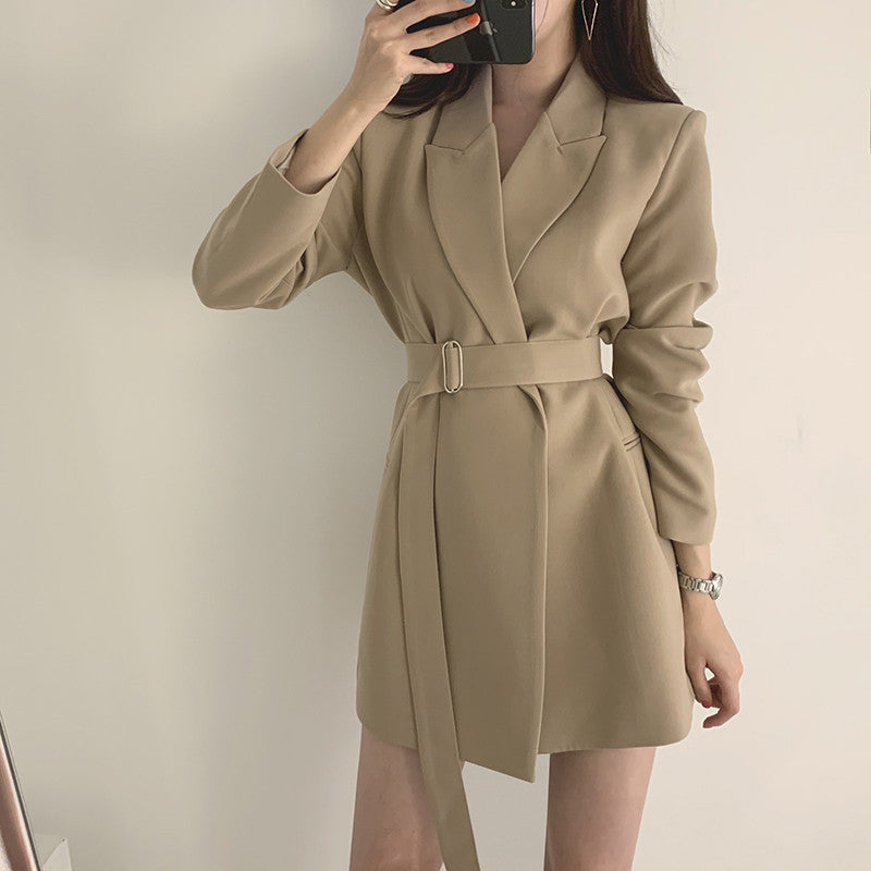 Women Fashion Temperament Mid-Length Casual Belt Blazer