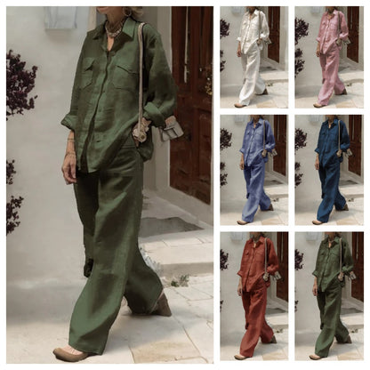 Conjunto de dos piezas de camisa y pantalones holgados de manga larga de color liso para mujer