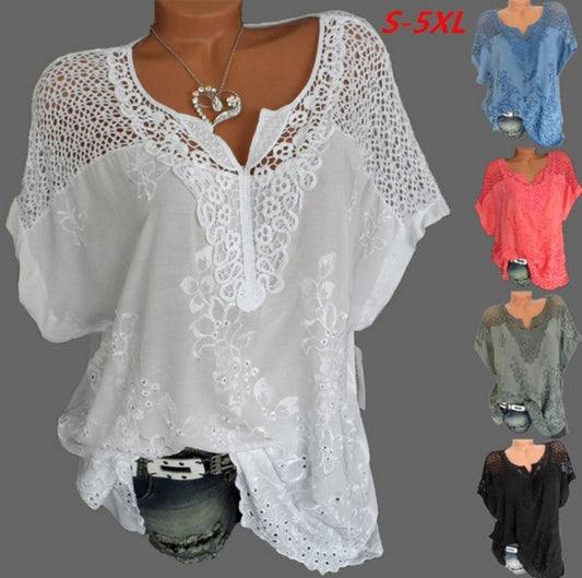 Blusa informal holgada de manga corta con encaje de color liso y aberturas para mujer de talla grande