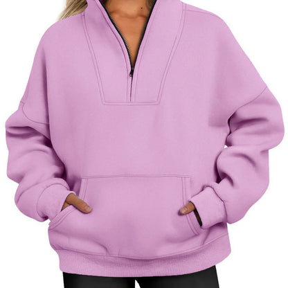 Women Casual Loose Solid Color Pocket Zipper Sweatshirt