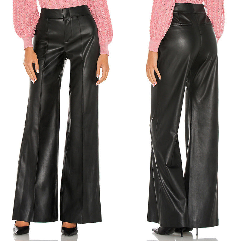 Women Pu Leather Casual High Waist Wide Leg Pants