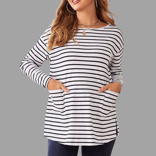 Camiseta de manga larga con cuello redondo y bolsillo a rayas para mujer embarazada