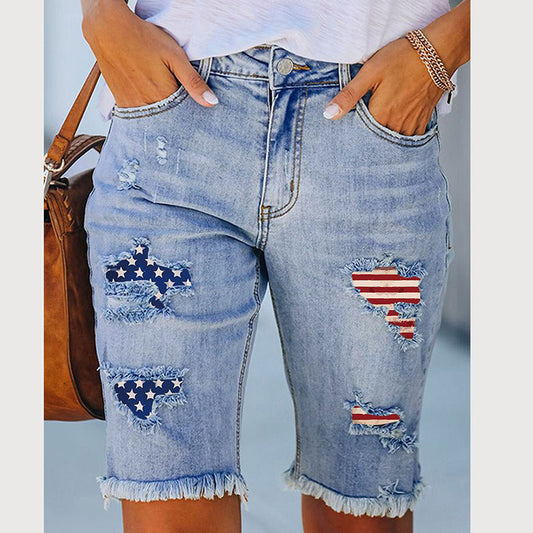 Pantalones vaqueros cortos con borde sin rematar y estampado de bandera nacional, informales, a la moda para mujer