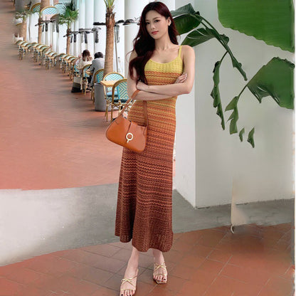 Women Fashion Casual Gradient Stripe Camisole Slim-Fit Knitted Dress
