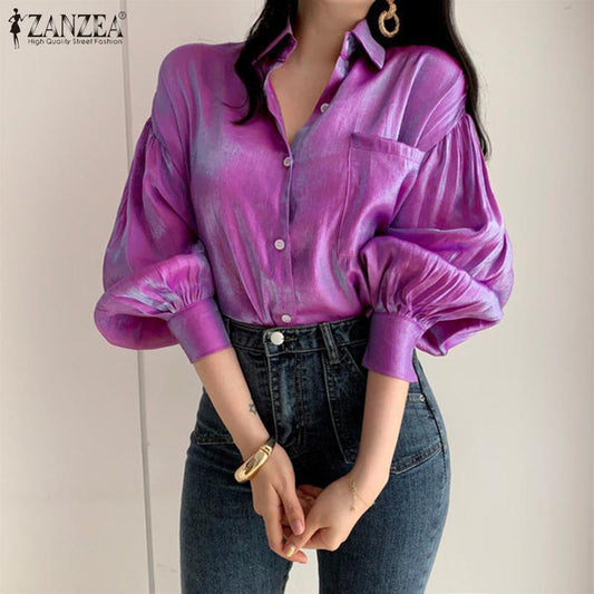 Blusa informal de manga larga abullonada con solapa elegante de color liso a la moda para mujer