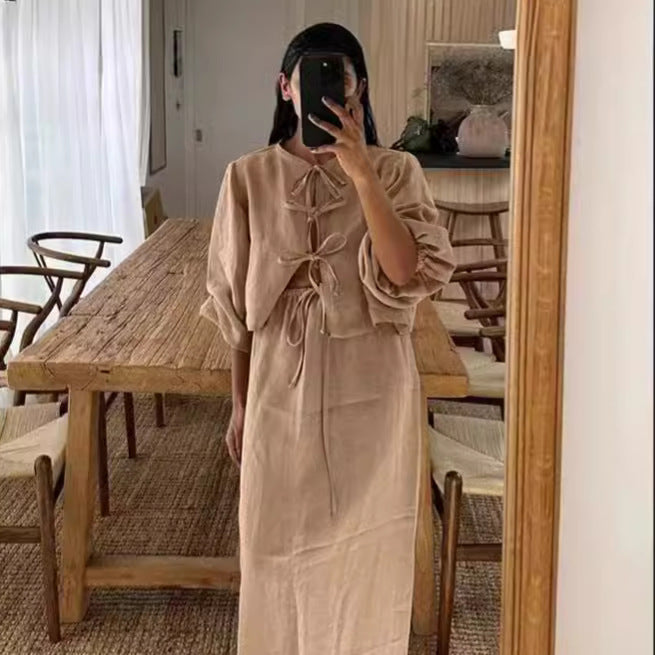 Conjunto de dos piezas formado por top y falda de manga larga, cuello redondo, encaje y aberturas para mujer, moda de verano