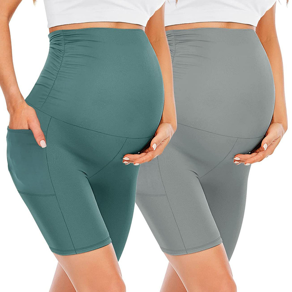 Pregnant Women Casual Solid Color Abdomen-Supporting High Waist Pocket Shorts